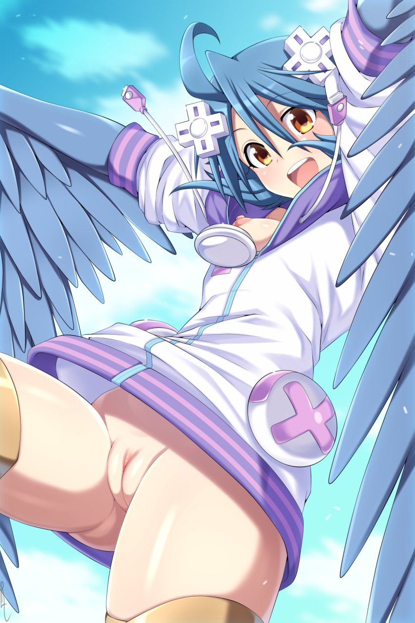 1girl blue_feathers blue_hair clitoral_hood cosplay female female_focus female_only hair_ornament harpy hoodie lindaroze monster_musume_no_iru_nichijou neptune_(neptunia) neptunia_(series) nipple nipples no_bra no_panties papi_(monster_musume) petite pussy short_hair small_breasts smile tits_out wings