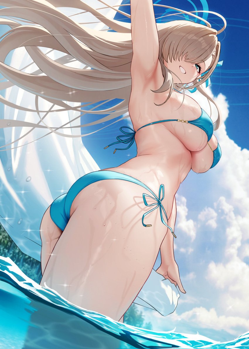 1girls absurdres alternate_costume armpits ass asuna_(blue_archive) bare_shoulders bikini blue_archive blue_bikini blue_eyes blue_ribbon blue_sky blush breasts cleaning_&_clearing_(blue_archive) cleavage commentary cover cover_page doujin_cover female grin hair_over_one_eye hair_ribbon halo halterneck highres large_breasts light-skinned_female light_brown_hair light_skin long_hair looking_at_viewer looking_back millennium_science_school_student ocean presenting_armpit ribbon side-tie_bikini_bottom sideboob sky smile solar_(happymonk) solo string_bikini swimsuit textless_version underboob very_long_hair wading