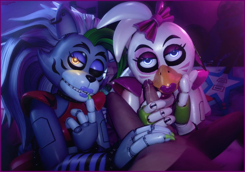 1boy 2girls 3d 3d_(artwork) accurate_art_style animatronic anthro blue_eyes finger_on_lip five_nights_at_freddy's five_nights_at_freddy's:_security_breach furry glamrock_chica_(ashleyorange) glamrock_chica_(fnaf) handjob masturbating mrcourage616 penis precum purple_lipstick roxanne_wolf_(fnaf) roxanne_wolf_(x3milky) straight wink wolf wolf_ears wolf_girl wolf_humanoid yellow_eyes