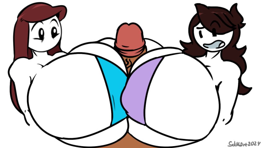 2girls 2girls1boy big_breasts bikini bikini_top dark-skinned_male female huge_breasts huge_cock jaiden jaiden_animations large_breasts paizuri rebecca_parham sob4art titjob youtube youtuber youtuber_girl youtuber_sona