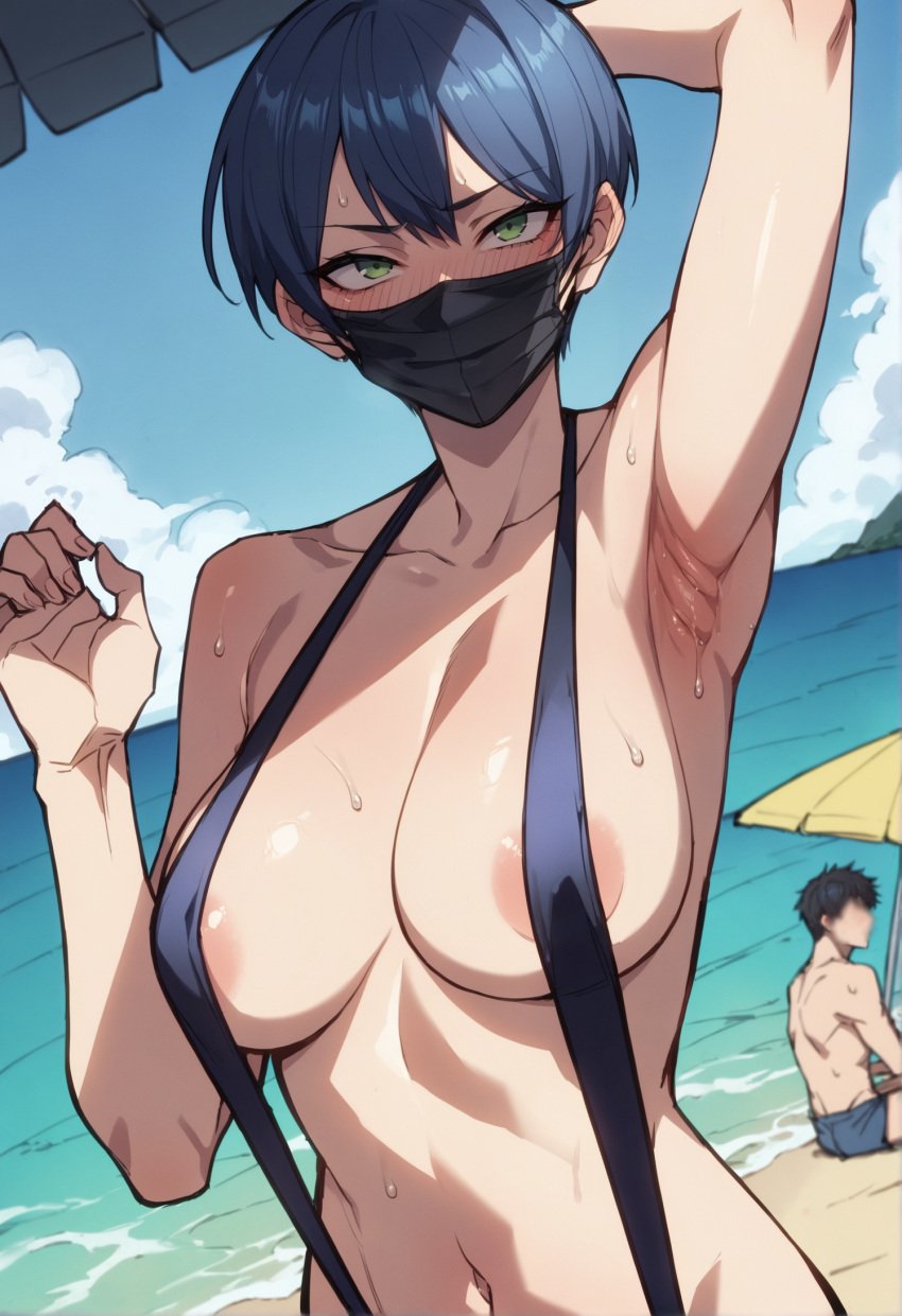 ai_generated areolae areolae_peeking armpits beach black_mask blush collarbone dark_blue_hair embarrassed green_eyes large_breasts lilianaa masked_female mouth_mask original_character pixie_cut seaside short_hair sling_bikini stable_diffusion sweat tomboy wet