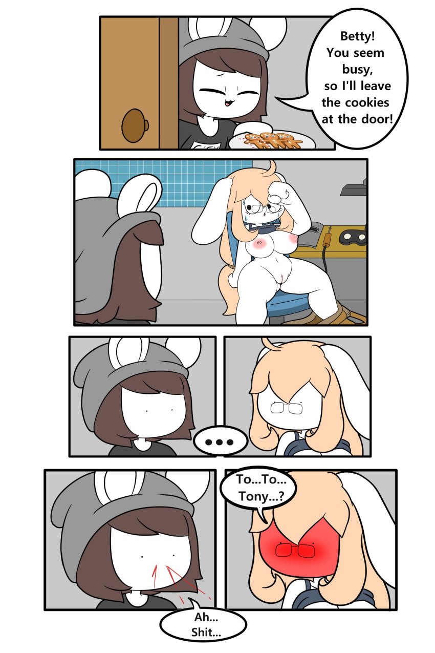 anthro betty_(tonytoran) blood bodily_fluids breasts chinchilla chinchillid comic cookie dialogue female food genitals hi_res lagomorph leporid male mammal nipples nosebleed pussy rabbit rodent sweat tony_(tonytoran) tonytoran