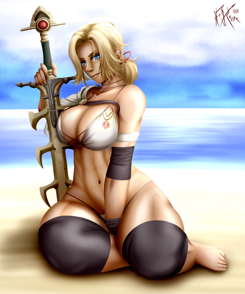 1girls abs barefoot beach big_breasts bikini blonde_hair blue_eyes breasts catherine_(fire_emblem) cleavage feet female female_only fire_emblem fire_emblem:_three_houses fluxx_pwr huge_breasts knee_pads large_breasts muscular_female muscular_thighs nintendo scars sitting smile sword tan_skin thick_thighs thunderbrand_(fire_emblem) toes toned toned_female weapon wide_hips