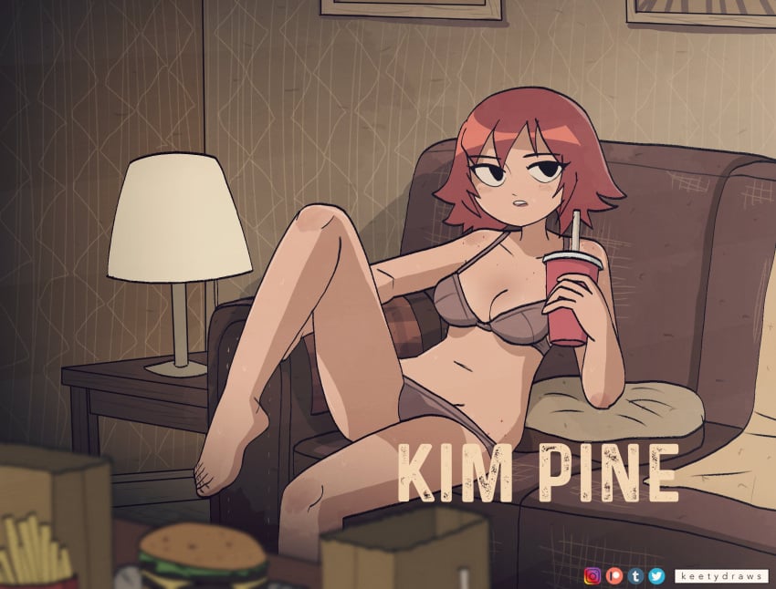 1girls bag black_eyes brown_hair brown_underwear burger cup drink female food freckles freckles_on_chest freckles_on_face freckles_on_hips freckles_on_shoulders fries holding_object kim_pine kt-draws scott_pilgrim short_hair solo solo_female sweat underwear