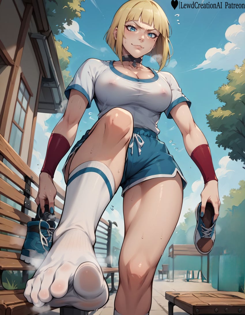 1girls absurd_res ai_generated big_breasts blonde_female blonde_hair blush blush_lines blushing_at_viewer boruto:_naruto_next_generations breasts choker covered_nipples curvy curvy_figure dominant dominant_female domination female foot_fetish foot_focus foot_worship from_below gym_clothes gym_uniform high_resolution highres holding_shoes knee_socks kneehighs kneesocks large_breasts lewdcreationsai looking_at_viewer naruto naruto:_the_last naruto_(classic) naruto_(series) naruto_shippuden nipples outdoors park puffy_nipples samui sexually_suggestive shirt shoes shoes_removed shorts sock_fetish socks solo solo_female solo_focus standing standing_on_one_leg steamy_feet sweat sweatdrop sweating sweaty sweaty_breasts sweaty_socks tagme thick thick_legs thick_thighs thighs white_socks