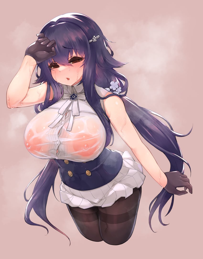 1girls areolae areolae_visible_through_clothing azuma_(azur_lane) azur_lane black_gloves black_hair breasts brown_eyes clothed clothing exhausted female female_only gloves haru_sanzoku huge_breasts light-skinned_female light_skin nipples nipples_visible_through_clothing sakura_empire_(azur_lane) skirt solo sweat sweaty_body sweaty_clothes tired