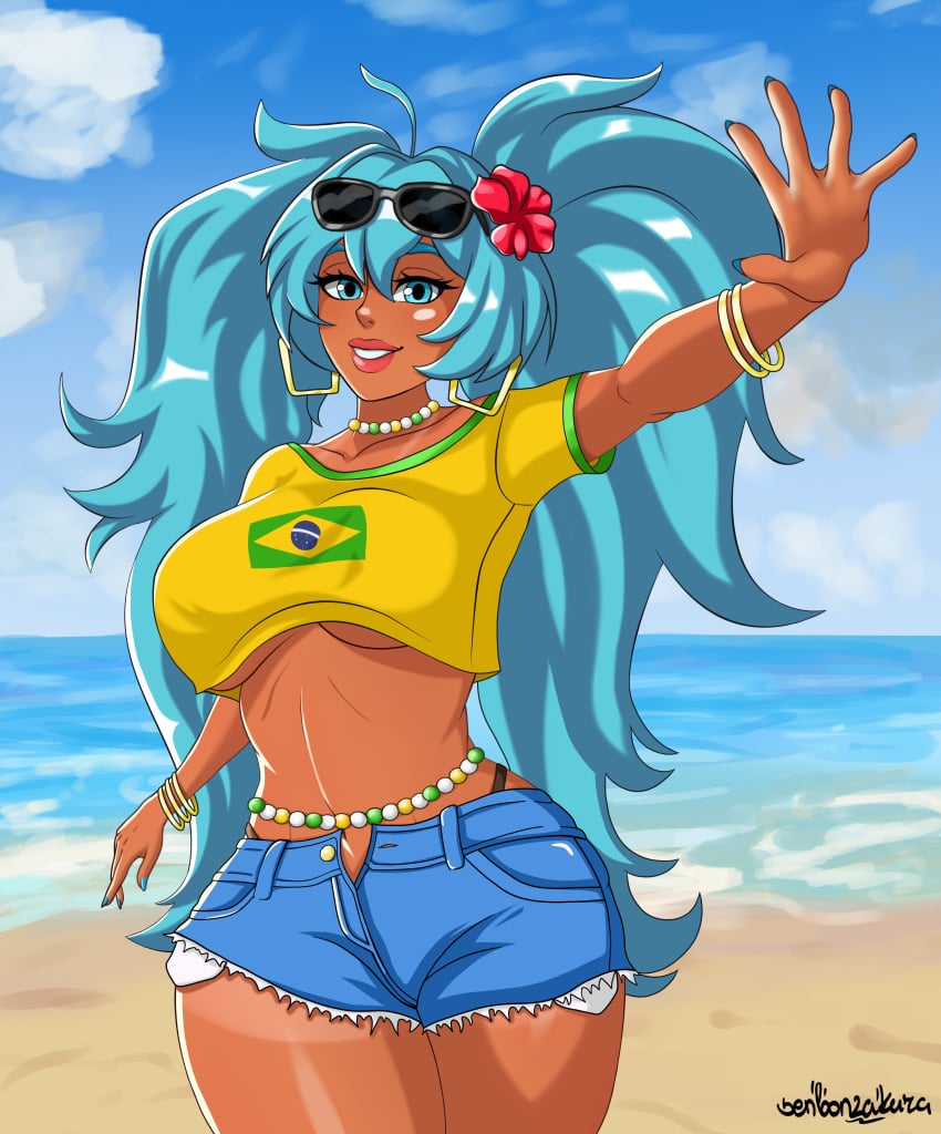 1female 1girls accessory adorable beach belly_chair big_breasts big_hair black-framed_eyewear blue_eyes blue_hair blue_nails blue_shorts blush bracelets brazil brazilian brazilian_female brazilian_flag brazilian_miku brazilian_tan breasts clothed clothing crop_top curvy cute_face dark-skinned_female dark_skin denim_shorts digital_media_(artwork) earrings eyewear_on_head female female_focus female_only fingers flower flower_in_hair front_view glasses green_eyes green_hair hair hair_between_eyes hand_gesture hatsune_miku hi_res highleg_panties highres hips hoop_earrings hourglass_figure huge_breasts idol jeans jewelry large_breasts legs lips long_hair long_nails looking_at_viewer midriff mikuo_hatsune music musician nails navel_line necklace neckwear open_mouth outdoors pearl_necklace rib_cage ribs sea seaside seductive senbonzakuraart shirt short_shorts shorts singer solo solo_female solo_focus standing sunglasses sunglasses_on_head tan tan-skinned_female tan_body tan_line tan_skin tanline tanned tanned_body tanned_skin thick thick_hips thick_legs thick_lips thick_thighs thighs topwear twintails twintails_(hairstyle) underboob underwear vertical_navel vocaloid whale_tail wide_hips wide_thighs yellow_shirt yellow_topwear