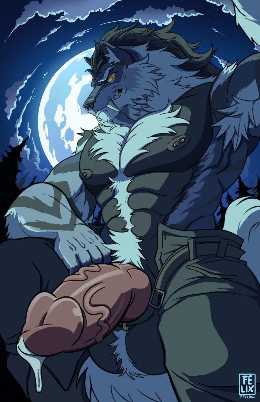 arcanine bodily_fluids canid canine canis domestic_dog felixfellow full_moon fullmoon generation_1_pokemon genital_fluids hi_res knot male mammal moon nintendo pokemon pokemon_(species) precum solo wolf