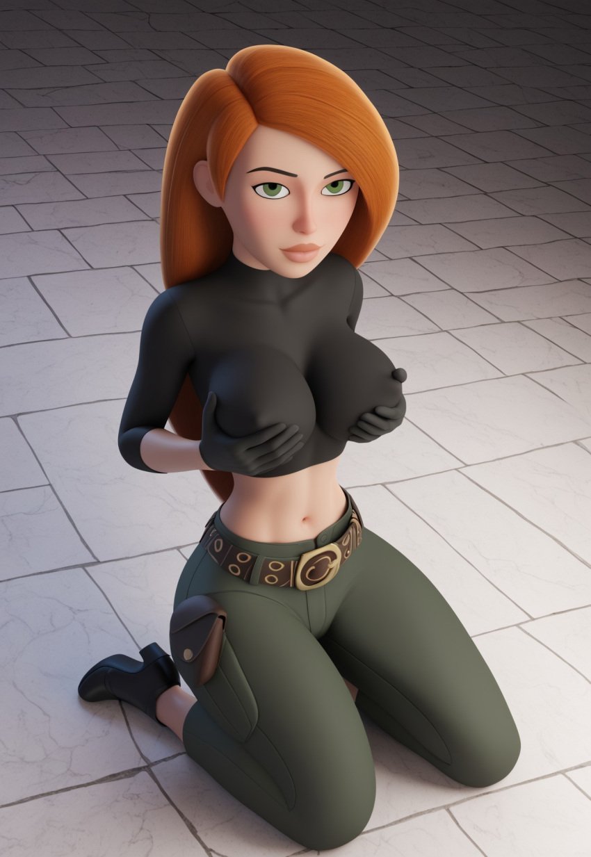 ai_generated arms_on_breasts belt big_breasts black_shirt breast_grab cargo_pants civitai gloves grabbing_own_breast green_eyes green_pants kim_possible kimberly_ann_possible kneeling kneeling_on_ground large_breasts long_hair looking_at_viewer orange_hair