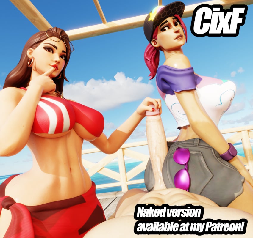 3d ass_focus ass_job beach_bomber brite_bomber cixf clothing dark-skinned_female dark_skin fortnite holding_penis light-skinned_female light-skinned_male light_skin pose ruby_(fortnite) short_shorts underboob