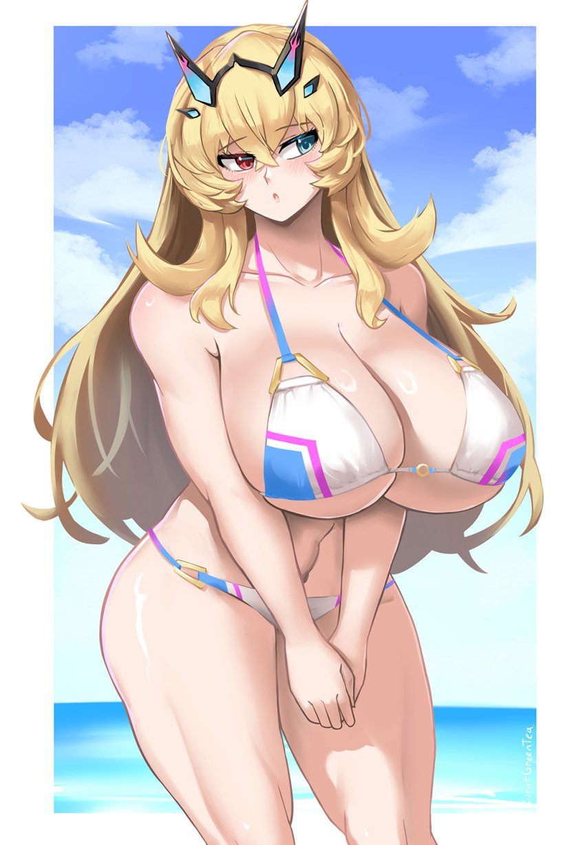 1girls barghest_(gawain)_(fate) bikini blonde_hair breasts burnt_green_tea fate/grand_order fate_(series) female green_eyes heterochromia hips huge_breasts light-skinned_female light_skin long_hair red_eyes thick_thighs thighs voluptuous wide_hips