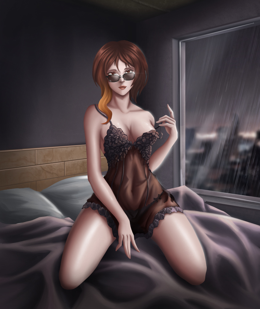 bed brown_hair coco_adel d4nkira lingerie looking_over_eyewear looking_over_sunglasses rwby sunglasses tinted_eyewear