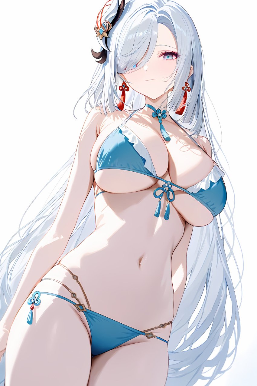 1girls 2024 ai ai_generated alternate_costume artist_request belly_button big_breasts bikini bikini_bottom bikini_top blue_eyes bra female female_focus female_only front_view genshin_impact hair_over_one_eye high_resolution highres hourglass_figure huge_breasts light-skinned_female light_skin long_hair looking_at_viewer mature mature_female navel revealing_swimsuit shenhe_(genshin_impact) simple_background slim_girl solo solo_female solo_focus standing swimsuit thong thong_bikini two_piece_swimsuit white_background white_hair