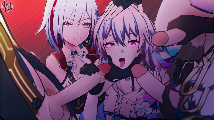 2girls 3d 3futas artist_name big_penis bronya_rand clothed cum cum_on_face female female_focus fingerless_gloves gloves grey_hair hand_on_head hand_on_penis handjob honkai:_star_rail honkai_(series) kneeling looking_at_viewer march_7th_(honkai:_star_rail) multicolored_hair multiple_futa multiple_girls nohno on_knees penis pink_hair seele_(honkai:_star_rail) smiling smiling_at_viewer stelle_(honkai:_star_rail) tagme tongue_out topaz_(honkai:_star_rail)