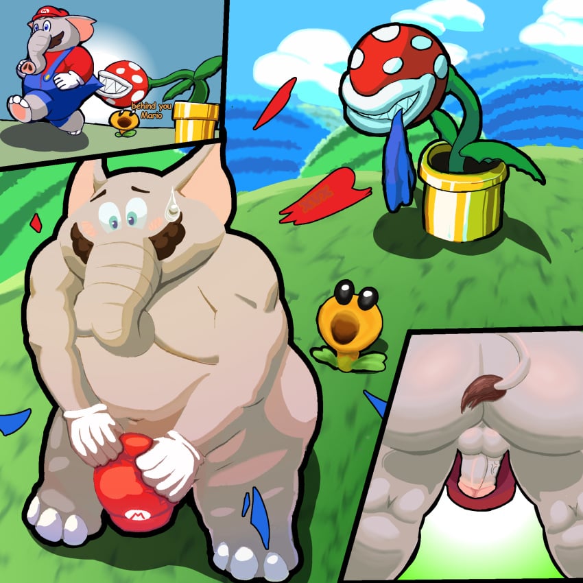 1boy anthro elemental_creature elephant elephant_mario elephantid embarrassed flora_fauna genitals hi_res impressed male mammal mario mario_(series) nintendo nude penis piranha_plant plant proboscidean super_mario_bros._wonder xxvvxx