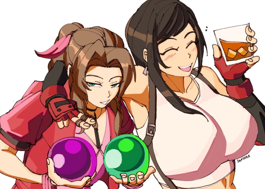 2girls 2women 3amsoda aerith_gainsborough beer breast_envy breasts brown_hair closed_eyes final_fantasy final_fantasy_vii green_eyes ice_cube large_breasts materia sexually_suggestive tifa_lockhart white_background