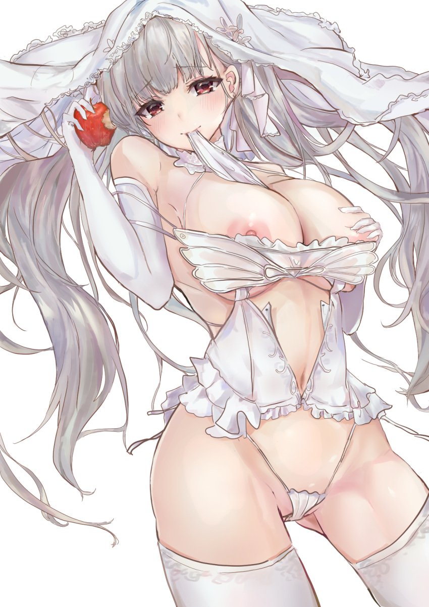 1girls 2022 ahshi_(yingchuan_songshu) alternate_costume apple azur_lane breasts elbow_gloves female food food_bite formidable_(azur_lane) fruit gloves hand_on_own_chest highres holding holding_food holding_fruit huge_breasts light-skinned_female light_skin nipple_slip nipples panties royal_navy_(azur_lane) simple_background solo thighhighs underwear veil white_background white_panties white_thighhighs