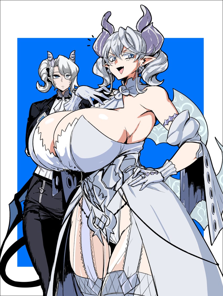 2girls absurd_res arias_the_labrynth_butler blue_eyes blush bryanjoel butler clothing colored demon demon_tail demon_wings duel_monster earrings edit exabyte female huge_breasts konami labrynth_of_the_silver_castle large_breasts legwear lovely_labrynth_of_the_silver_castle silver_hair smile thick_legs voluptuous white_hair wings yu-gi-oh!