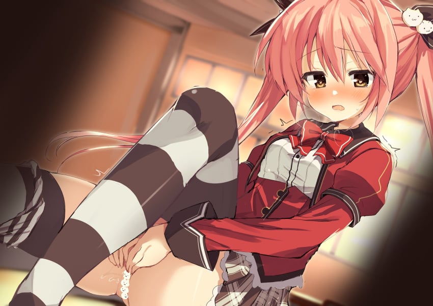 akiyoshi_nekoko blush bow bowtie breasts censored classroom clothed_masturbation female female_masturbation heart heart-shaped_pupils highres koiiro_marriage masturbation novelty_censor open_mouth panties panties_around_one_leg pink_hair red_bow red_bowtie school_uniform sitting skirt small_breasts solo striped_clothes striped_panties striped_thighhighs symbol-shaped_pupils takepoison thighhighs underwear yellow_eyes