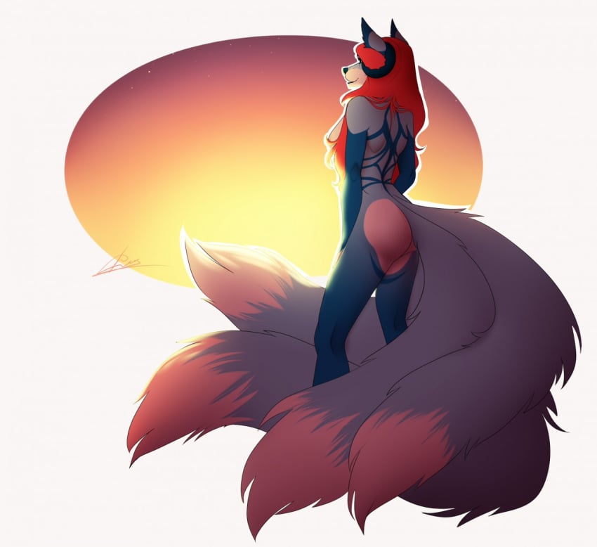 anthro ass breasts canid canine catherinemeow female fluffy fluffy_tail fur hair mammal multi_tail multicolored_body multicolored_fur nipples open_mouth open_smile red_hair smile solo