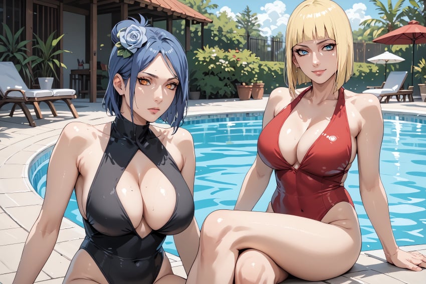 2girls adapted_costume ai_generated bare_arms bare_chest bare_legs bare_midriff bare_shoulders bare_thighs big_breasts bikini bikini_bottom bikini_top blonde_hair blue_eyes blue_hair blunt_bangs blush bob_cut breasts breasts_bigger_than_head busty choker cleavage collar collarbone embarrassed female female_only highleg highleg_bikini huge_breasts isaris-ai konan large_breasts light-skinned_female light_skin mature mature_female mature_woman midriff multiple_girls nai_diffusion naruto naruto_(series) naruto_shippuden navel one-piece_swimsuit oppai orange_eyes pinup pool poolside revealing_swimsuit sagging_breasts samui short_hair skimpy skimpy_bikini solo solo_focus stable_diffusion swimsuit tagme take_your_pick thick_thighs thighs top_heavy top_heavy_breasts voluptuous voluptuous_female