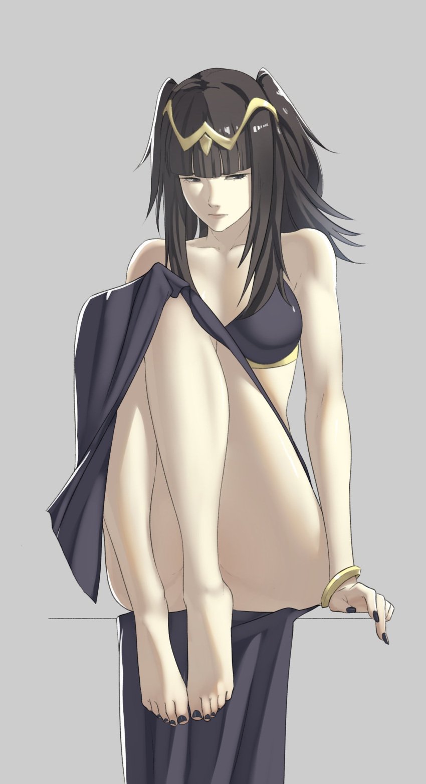 1girls averting_eyes bangs bare_arms bare_legs barefoot black_eyes black_hair black_nails blunt_bangs bracelet breasts closed_mouth collarbone convenient_leg feet female female_only fire_emblem fire_emblem_awakening full_body grey_background grey_eyes highres jewelry knees_up legs long_hair looking_to_the_side medium_breasts nail_polish nintendo pale-skinned_female pale_skin pelvic_curtain pomelomelon shadow sidelocks simple_background sitting solo tharja_(fire_emblem) tiara toenail_polish toenails toes two_side_up