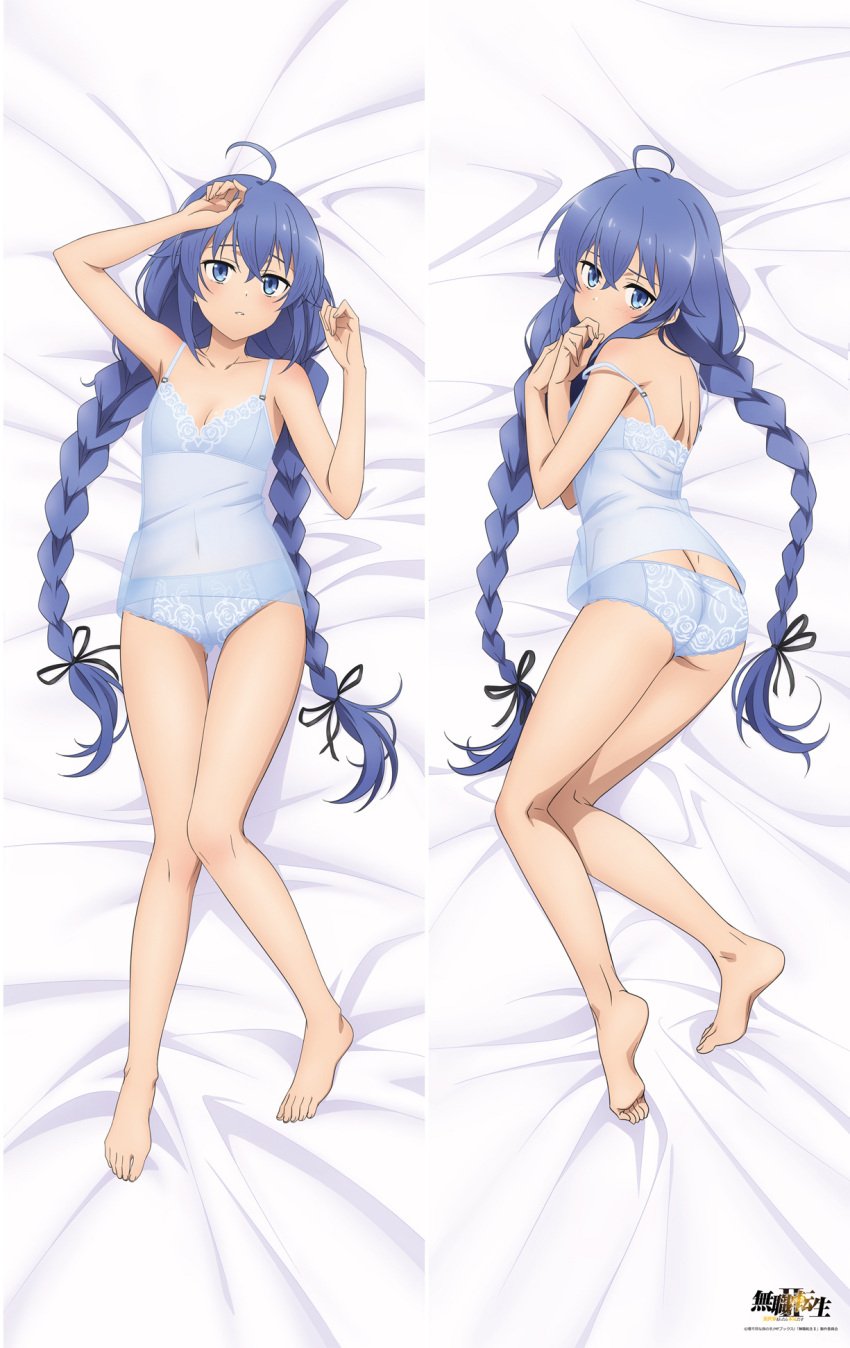 ahoge arm_up armpits ass back bare_arms bare_legs bare_shoulders bare_thighs barefoot bed_sheet belly_button_visible_through_clothing blue_eyes blue_hair blue_panties blush body_blush braided_twintails breasts butt_crack camisole cleavage dakimakura dakimakura_design feet hand_covering_mouth long_hair lying mushoku_tensei official_art on_side panties roxy_migurdia see-through_clothing small_breasts strap_slip thighs toes underwear