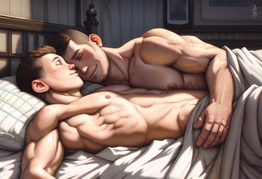 2024 2boys ai_generated avaru bed bed_sheet bedroom brown_hair closed_eyes cuddle cuddling gay human human_only love male male/male male_focus male_only size_difference smile sweat tagme yaoi