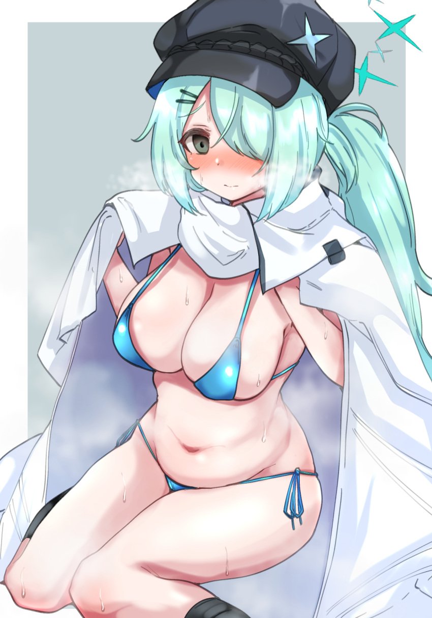 aqua_hair bikini bikini_under_clothes black_hat black_socks blue_archive blue_bikini blue_hair blush breasts cape closed_mouth female grey_eyes hair_ornament hair_over_one_eye hairclip halo hat highres hiyori_(blue_archive) kneehighs large_breasts long_hair looking_at_viewer machismo_fuji ponytail side-tie_bikini_bottom side_ponytail simple_background socks solo sweat swimsuit two-tone_background very_long_hair white_cape