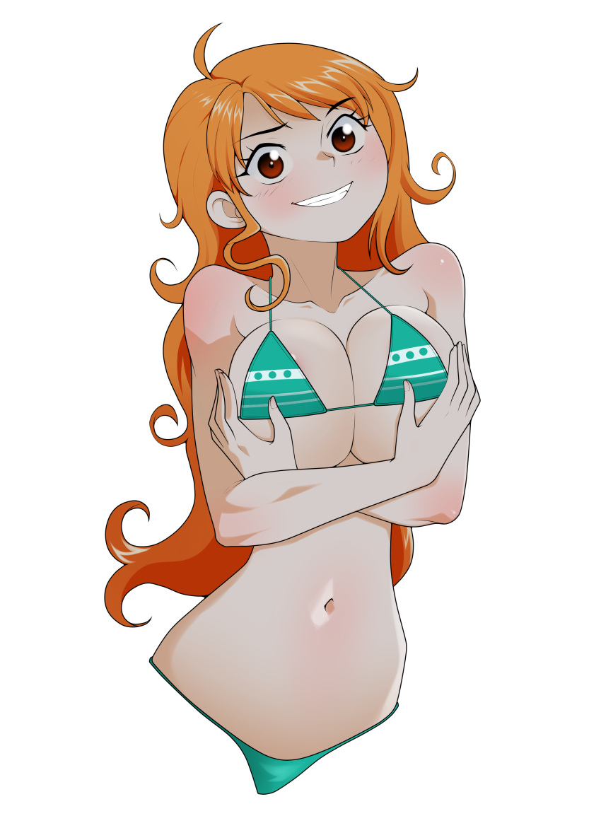 anoneysnufftan bikini bikini_bottom female female_only long_hair nami nami_(one_piece) one_piece orange_hair pirate red_eyes smile solo swimsuit transparent_background upper_body waist_up