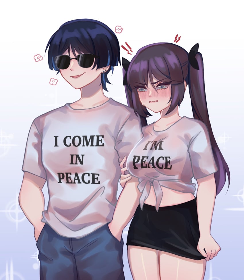 1boy 1girls bare_thighs blush blush_lines duo embarrassed english_text female genshin_impact holding_arm holding_hands innuendo koviiyay long_hair male male/female meme miniskirt mona_(genshin_impact) scaramouche_(genshin_impact) short_skirt straight suggestive_text sunglasses t-shirt-meme text_on_clothing text_on_shirt text_on_topwear thighs twintails