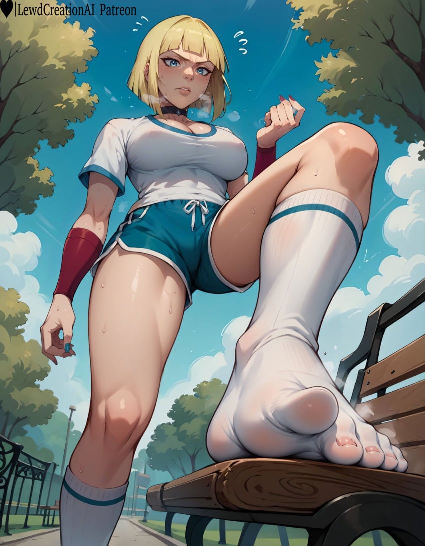 1girls absurd_res ai_generated big_breasts blonde_female blonde_hair blush blush_lines blushing_at_viewer boruto:_naruto_next_generations breasts choker covered_nipples curvy curvy_figure dominant dominant_female domination female foot_fetish foot_focus foot_worship from_below gym_clothes gym_uniform high_resolution highres holding_shoes knee_socks kneehighs kneesocks large_breasts lewdcreationsai looking_at_viewer naruto naruto:_the_last naruto_(classic) naruto_(series) naruto_shippuden nipples outdoors park puffy_nipples samui sexually_suggestive shirt shoes shoes_removed shorts sock_fetish socks solo solo_female solo_focus standing standing_on_one_leg steamy_feet sweat sweatdrop sweating sweaty sweaty_breasts sweaty_socks tagme thick thick_legs thick_thighs thighs white_socks