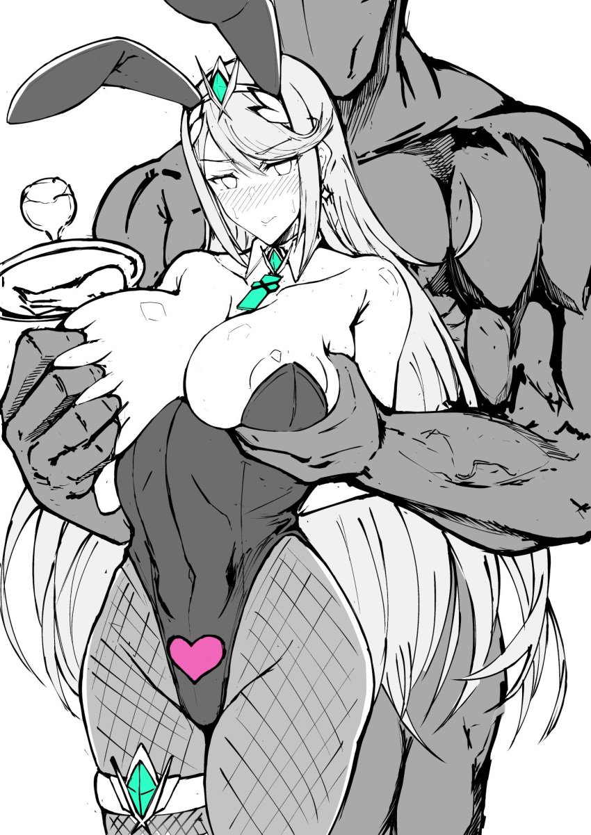 1boy 1girls annoyed black_and_white blush breast_grab bunny_ears bunny_girl bunnysuit dark-skinned_male fishnets gatyo_5 hair_ornament heart hikari_(xenoblade_2) hips huge_breasts larger_male leotard long_hair muscular muscular_male mythra navel nintendo nipple_slip nipples pantyhose sexual_harassment tiara waitress wide_hips xenoblade_(series) xenoblade_chronicles_2