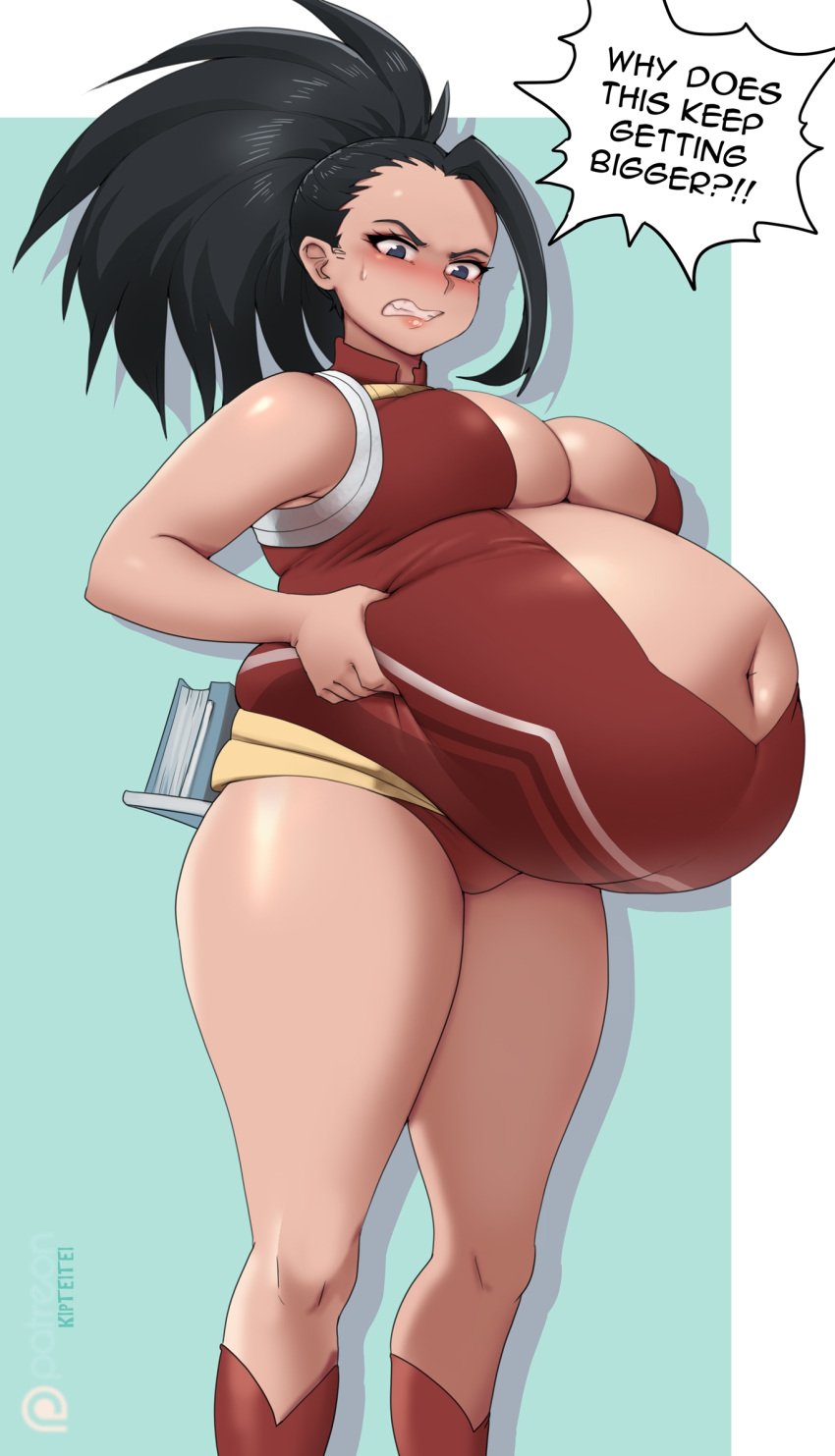 bbw belly_grab belly_overhang big_belly big_female black_hair blush blush chubby chubby_female embarrassed fat fat_ass fat_female fat_fetish fat_girl fat_woman fatty grabbing_belly huge_belly kipteitei large_female momo_yaoyorozu my_hero_academia obese obese_female overweight overweight_female pig plump pork_chop pudgy_belly thick_thighs tight_clothes tight_clothing tight_fit tubby weight_gain