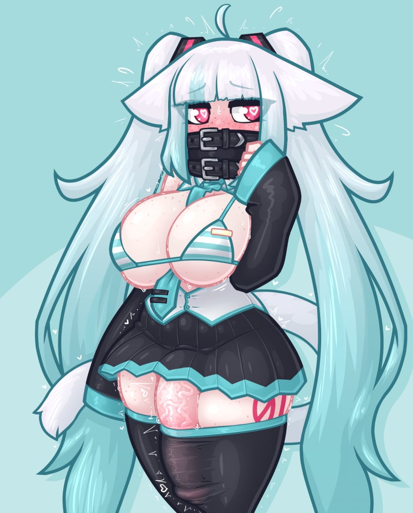 1futa 2024 animal_ears anthro bangs big_breasts bikini bikini_top bodily_fluids breasts clothing collar cosplay covering_mouth cropped_legs curvaceous curvy curvy_figure cute cyan_background cyan_hair embarrassed erection erection_under_clothes eyebrows_visible_through_hair eyelashes freckles freckles_on_breasts freckles_on_face futa_only futanari hatsune_miku_(cosplay) heart heart-shaped_pupils hi_res highres hourglass_figure humanoid large_breasts legwear light-skinned_futanari light_skin limebreaker long_hair long_sleeves looking_away mostly_clothed motion_lines original original_character penis penis_under_clothes penis_under_skirt pink_eyes png qaitlynne sidelocks simple_background skindentation skirt solo solo_futa string_bikini sweat tail thick_legs thick_thighs tie twintails two_tone_hair veiny_penis vocaloid white_hair wholesome wide_hips