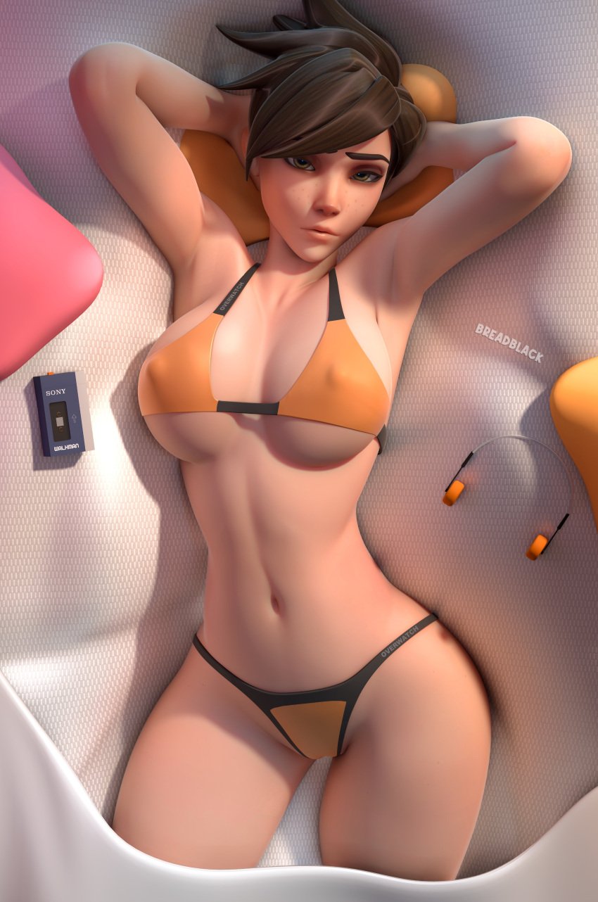 1girls 3d 3d_(artwork) artist_signature bed bed_sheet belly_button big_breasts black_hair breadblack bun_breasts busty detailed_background female female_only front_view full_color hands_behind_head head_on_pillow headphones human human_only lena_oxton looking_at_viewer lying midriff nipple_outline no_penetration on_back on_bed overwatch pillow short_hair solo solo_female three-quarter_portrait tracer underboob underwear walkman