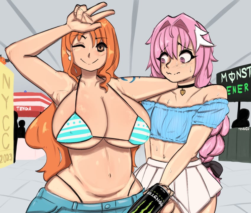 1boy 1girls astolfo_(fate) bikini convention crossover fate_(series) female femboy femboy_with_female feminine_male inminent_sex jeans male nami nami_(one_piece) one_piece post-timeskip striped_bikini tenshio