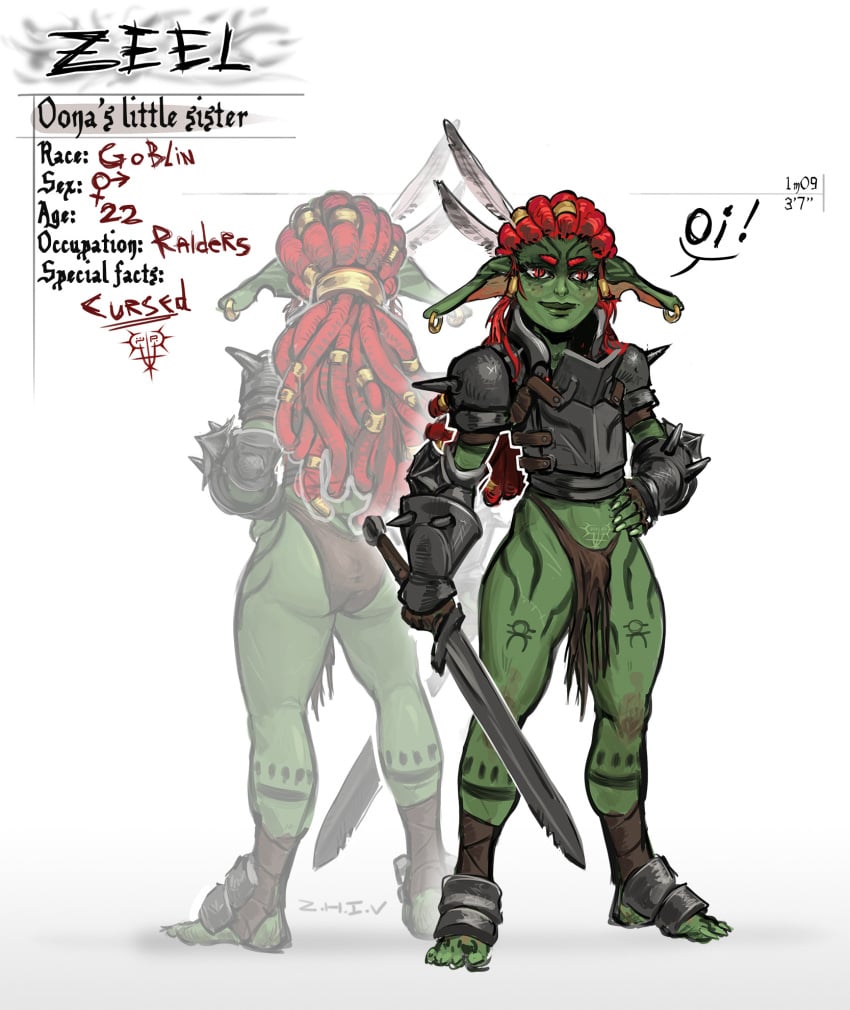 1futa armored_feet armored_futa back_view barefoot big_ass big_butt body_markings bodypaint bulge character_sheet chestplate clothed dreadlocks earrings fantasy feather_hair_ornament freckles freckles_on_face front_view futanari gauntlets goblin goblin_female goblin_futanari gold_jewelry green_body green_skin hand_on_hip highres leather_clothing leather_panties leather_straps loincloth loincloth_bulge long_ears looking_at_viewer original pauldrons penis_bulge penis_under_loincloth red_eyes red_hair slim_waist small_penis smaller_female solo solo_futa sword text thick_thighs white_background zeel_(zhiv) zhiv