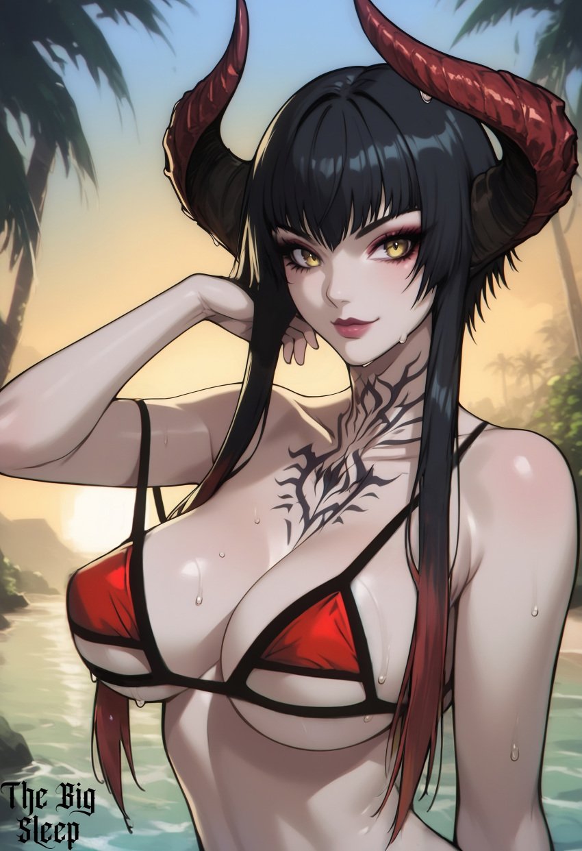 1girls absurd_res absurdres ai_generated beach big_breasts bikini bikini_top breasts demon demon_girl demon_horns eliza_(tekken) female female_focus female_only large_breasts looking_at_viewer micro_bikini multicolored_hair namco pale_skin sfw solo sunset tattoo tekken the_big_sleep vampire vampire_girl wet wet_body