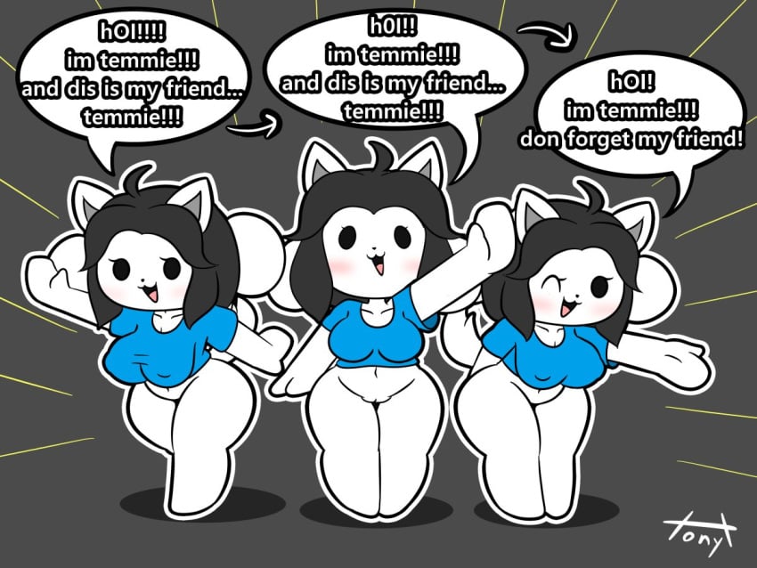 anthro big_breasts bottomless bottomless_anthro bottomless_female breasts clothed clothing dialogue feline female furry_female furry_only genitals group multiple_girls pussy shirt_only talking_to_viewer tem temmie_(undertale) toby_fox tonytoran trio undertale undertale_(series)