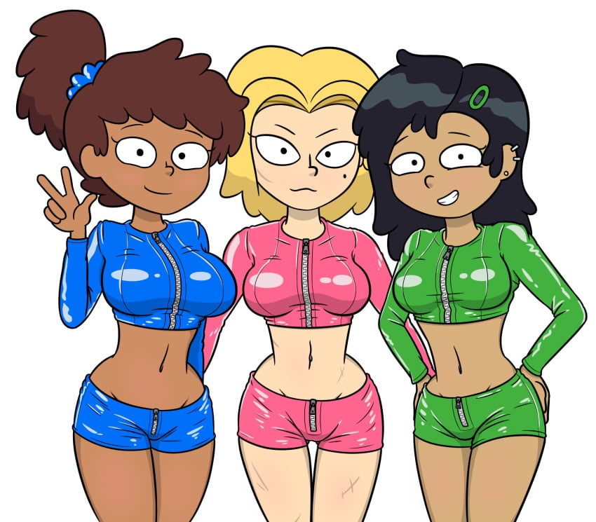 3girls amphibia amphibia_(finale) anne_boonchuy anonymous_artist asian_female big_breasts black_hair blonde_female blonde_hair_female brown_hair dark-skinned_female disney disney_channel female female_only fully_clothed latex latex_clothing latex_shorts latex_topwear marcy_wu revealing_clothes sasha_waybright shiny_clothes shorts taiwanese thai tight_clothing top trio white_female zipper