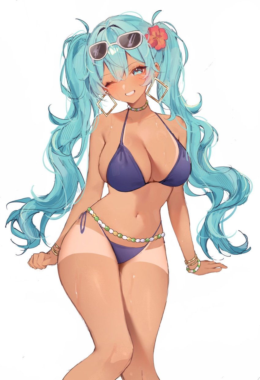 1girls 2024 bikini blue_bikini blue_eyes blue_hair blush bracelet brazil brazilian brazilian_female brazilian_miku breasts cleavage cyan_eyes cyan_hair dark-skinned_female dark_skin ear_piercing earrings female female_only flower flower_in_hair hair_flower hair_ornament hatsune_miku highres large_breasts latin_american_hatsune_miku_(meme) long_hair looking_at_viewer miyuchiq necklace one_eye_closed sitting solo solo_female sunglasses sunglasses_on_head tan_skin tanline vocaloid white_background