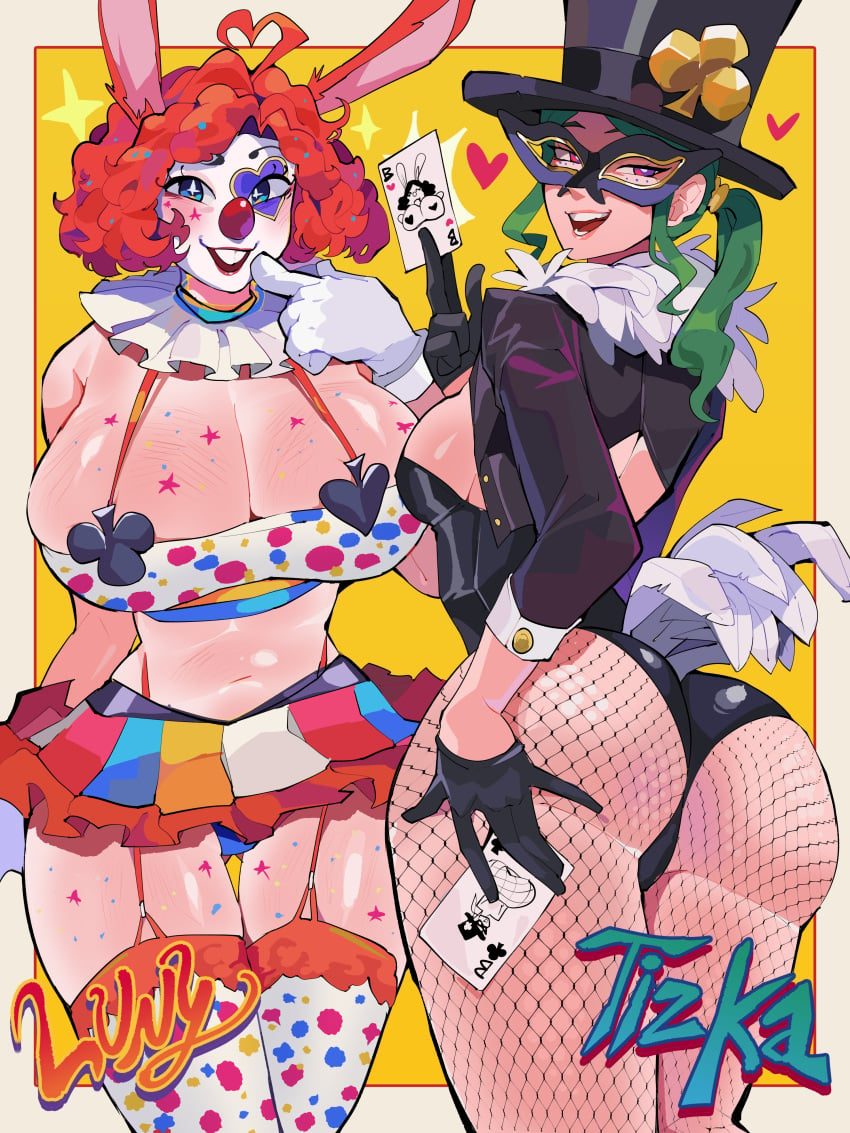 big_ass blush body_markings bunny_ears bunnysuit clown clown_girl clown_makeup diforland digital_media_(artwork) female female/female female_only fishnets gloves green_hair large_breasts lipstick loony_(diforland) magician makeup mask orange_hair original ponytail short_hair skirt stockings straps tattoo thick_thighs tizka_(diforland) tophat