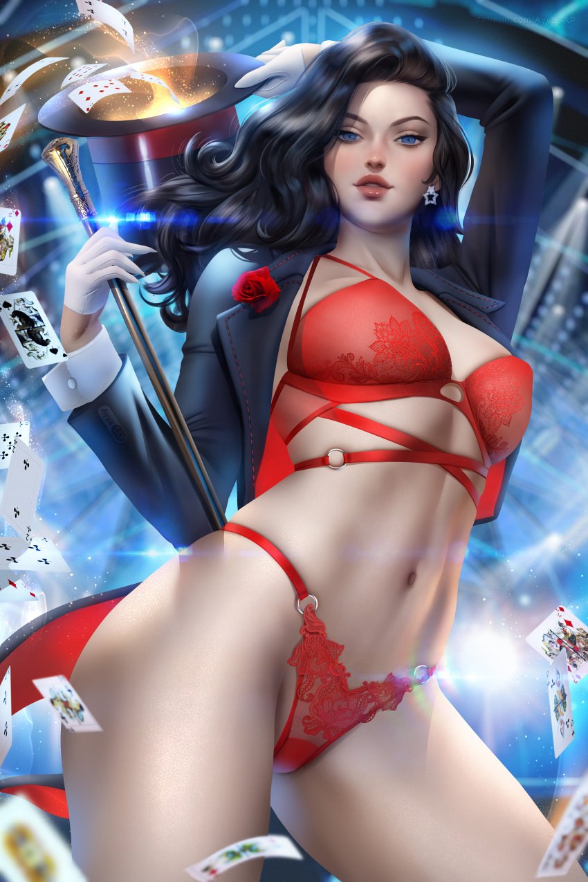 1girls absurd_res absurdres ayyasap bare_skin bare_stomach bare_thighs black_clothing black_hair black_hat black_jacket black_suit black_top_hat blue_eyes bra breasts cards cleavage cowboy_shot dc dc_comics earring earrings female female_focus female_only fit fit_female gloves high_resolution highres hips holding_hat large_breasts large_filesize light-skinned_female light_skin lingerie long_hair looking_at_viewer magic magic_hat magic_user magic_wand magical_girl magician medium_breasts navel panties playing_card poker_cards red_bra red_clothes red_clothing red_lingerie red_panties red_underwear slim_girl slim_waist smile solo solo_female solo_focus star_earrings stomach straight_hair suit suit_jacket thick_thighs thighs toned toned_body toned_female toned_stomach top_hat underwear very_high_resolution wand white_gloves zatanna zatanna_zatara