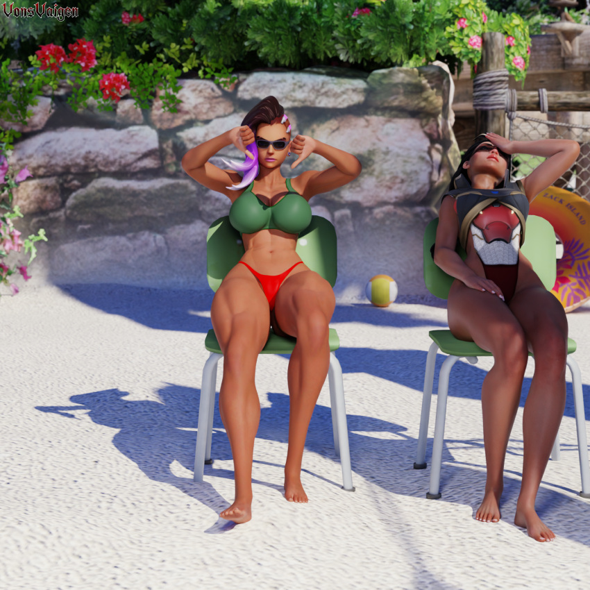 2girls 3d activision blizzard_entertainment breasts brown-skinned_female brown_body brown_skin chest curvaceous curvy curvy_figure dark-skinned_female dark_skin female female_only hips hourglass_figure illari_(overwatch) illari_quispe_ruiz legs mature mature_female multiple_girls olivia_colomar overwatch overwatch_2 peruvian_female slim_waist sombra tan-skinned_female tan_body tan_skin thick thick_legs thick_thighs thighs voluptuous vonsvaigen waist wide_hips