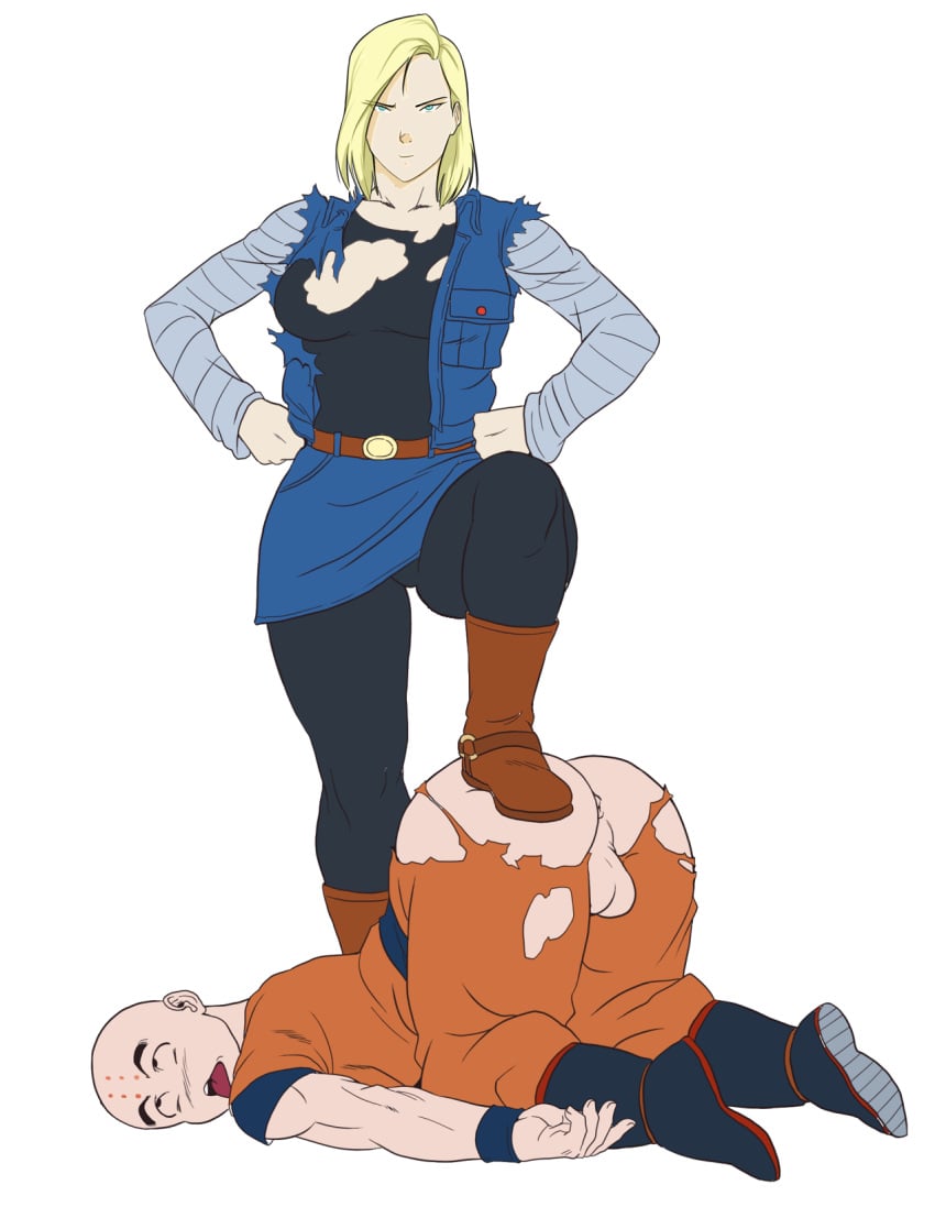 android_18 anus ass ass_up balls beige_skin blonde_hair boots dominant_female dragon_ball dragon_ball_z femdom humiliated humiliation knocked_out krillin kuririn male_anus malesub owned reverse_ryona rolling_eyes tan_skin tongue_out top-down_bottom-up victory_pose