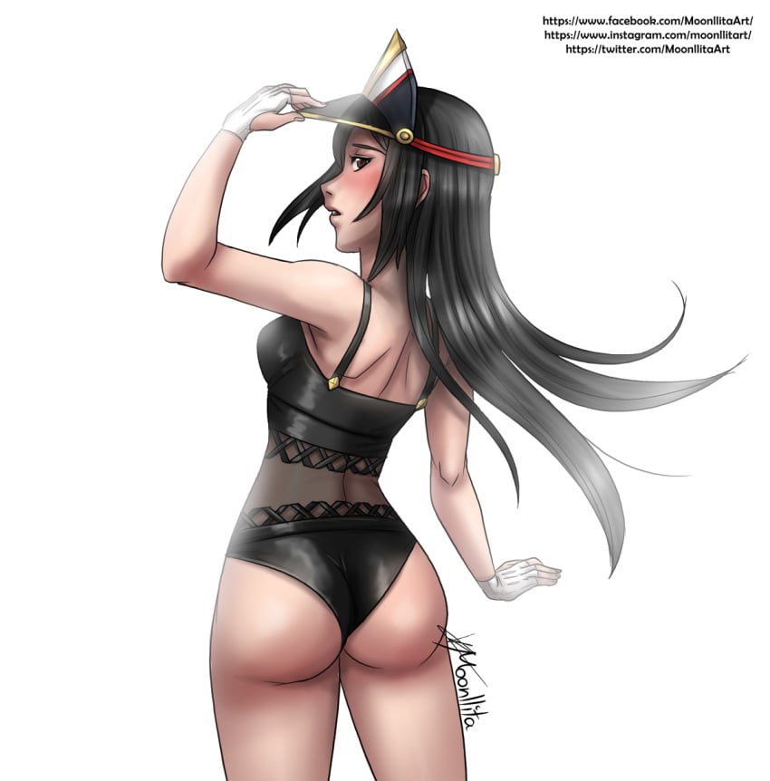 ass bare_back bare_shoulders black_hair blush blushing gloves hat huge_ass latex long_hair looking_back moonllita_(artist) morag_ladair_(xenoblade) nintendo one-piece_swimsuit open_mouth see-through swimsuit swimwear very_long_hair watermark xenoblade_(series) xenoblade_chronicles_2