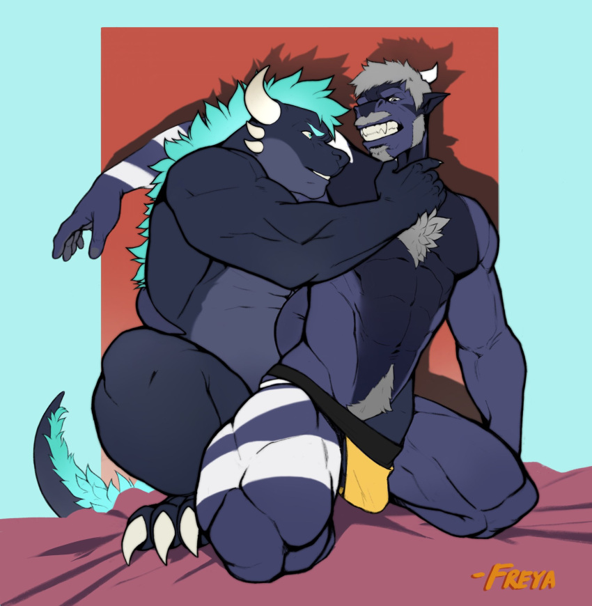 abstract_background anthro bedding clenched_teeth clothing crouching dragon duo freya_draws hand_in_pants hi_res jockstrap kneeling male male/male muscular mythological_creature mythological_scalie mythology scalie tail teeth underwear wingless_dragon