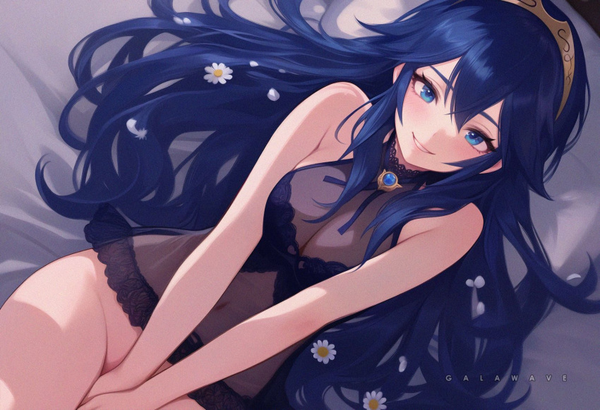 1girls ai_generated blue_eyes blue_hair bottomless cleavage fire_emblem fire_emblem_awakening galawave hands_between_legs lingerie lingerie_only looking_at_viewer lucina_(fire_emblem) medium_breasts nintendo no_panties see-through see-through_clothing smile tiara