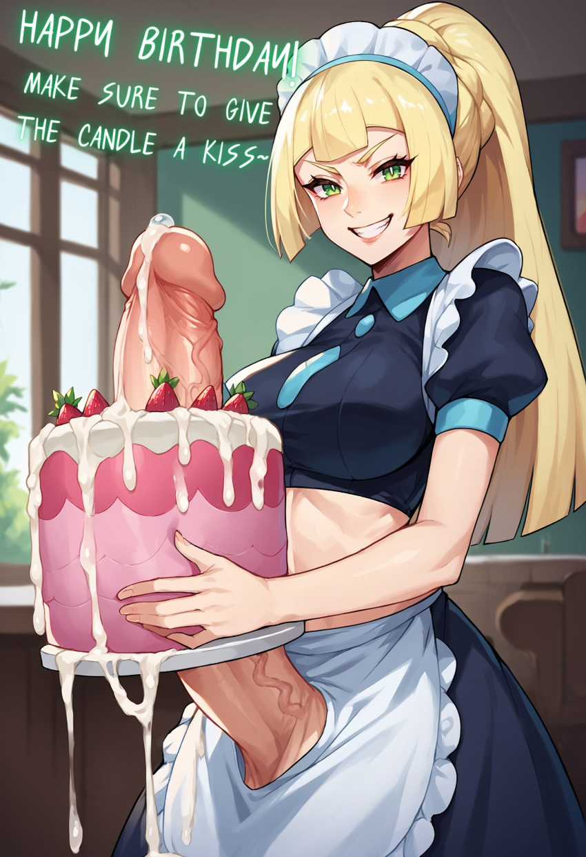 1futa ai_generated big_penis blonde_hair breasts cake cum cum_drip cumshot english_text food_play futanari green_eyes huge_cock long_hair long_penis looking_at_viewer maid maid_uniform no_panties penis ponytail the-skard